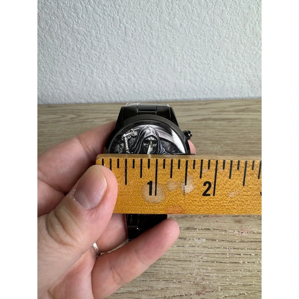 Grim Reaper Gothic Black Metal Link Bracelet Watch Analog Quartz